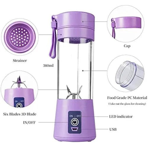 Rechargeable Juicer Blender 6 Blades Electric Blender Mixer 380ml / Food Grade Water Bottle Portable Fruit Juicer Machine (Double Click Start)